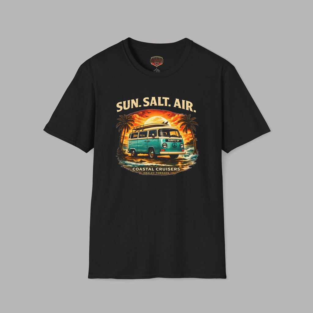Black t-shirt flat lay featuring a retro surf van beach graphic with palm trees and a sunset, reading "Sun. Salt. Air., Coastal Cruisers, Healey Threads."