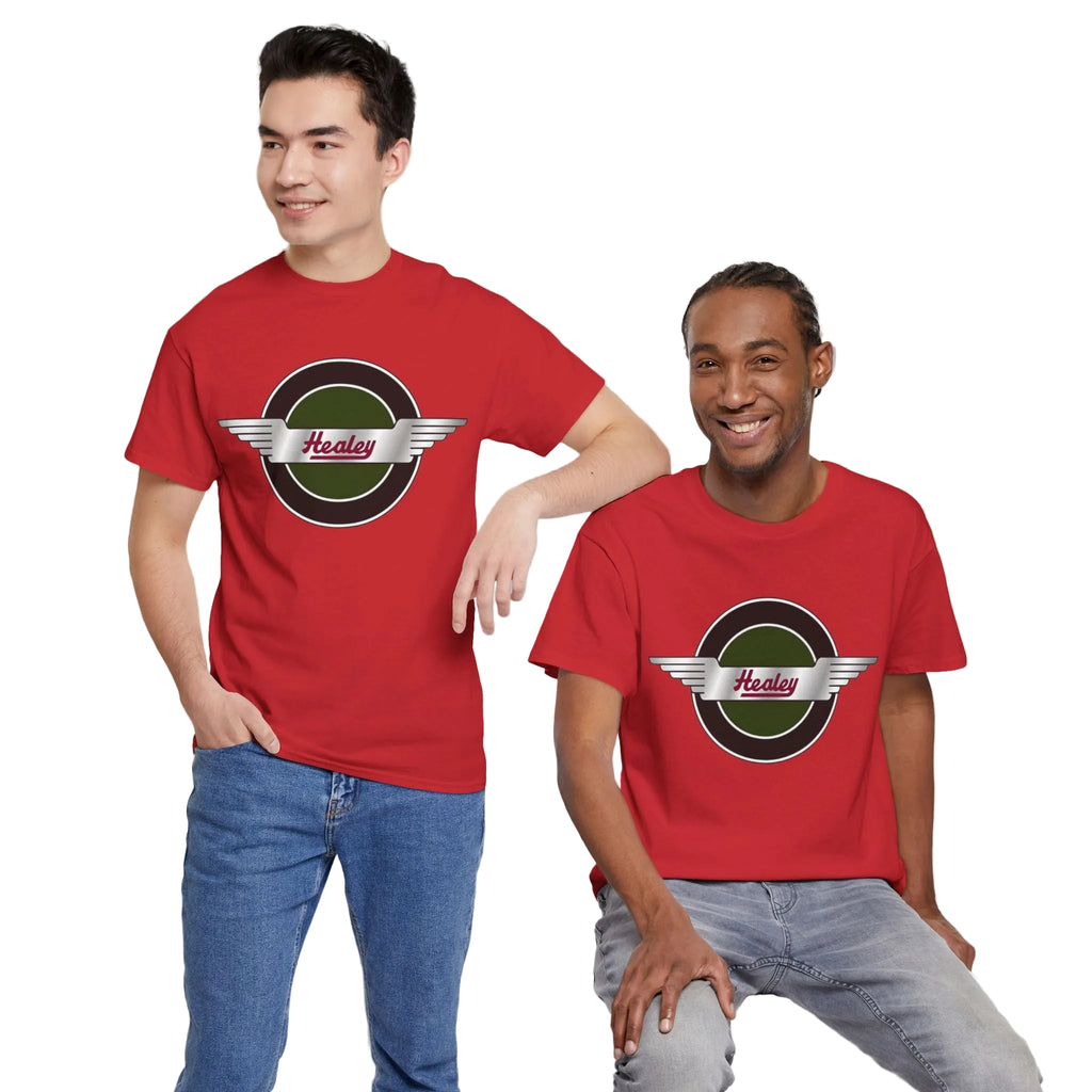 Two people wearing red t-shirts with a Healey logo on a white background