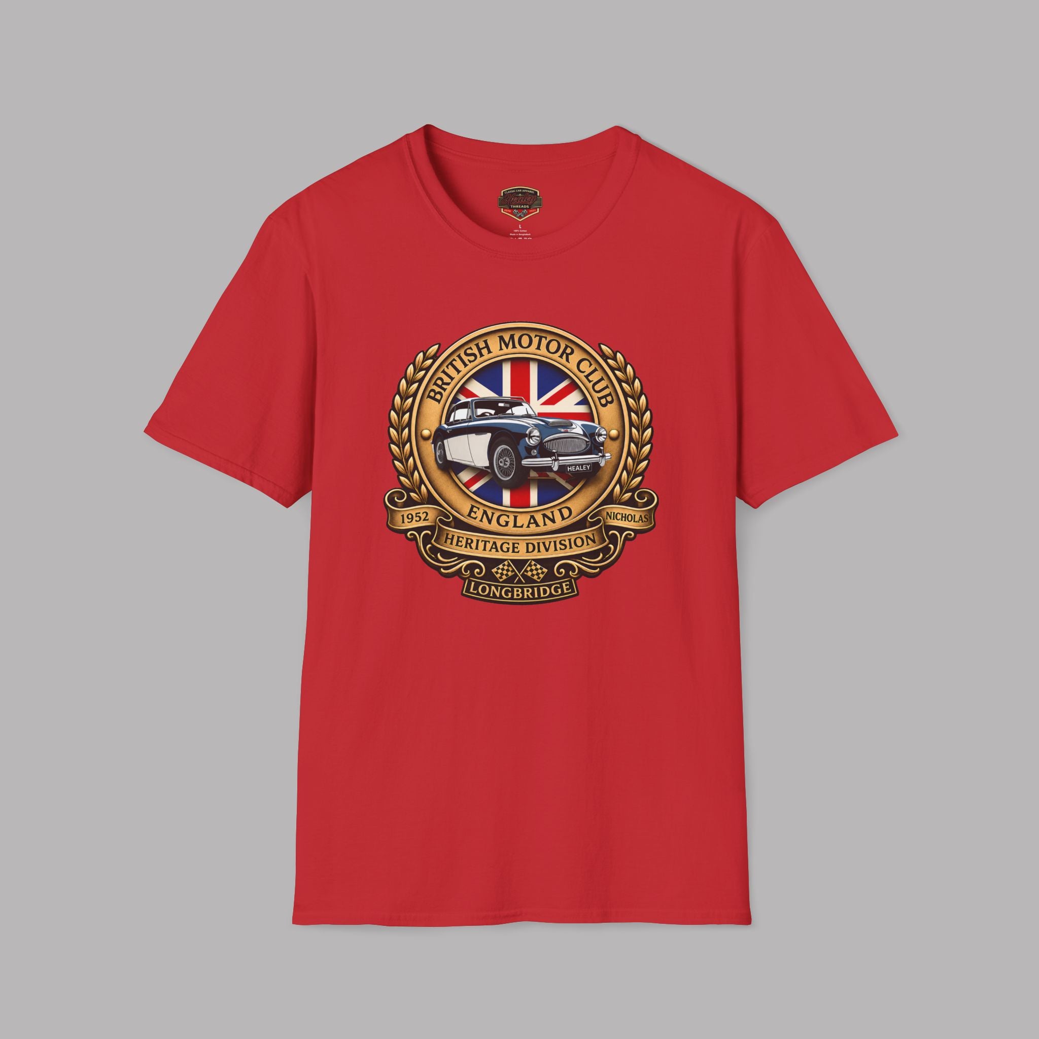 Red t-shirt with a British Motor Club logo on a gray background