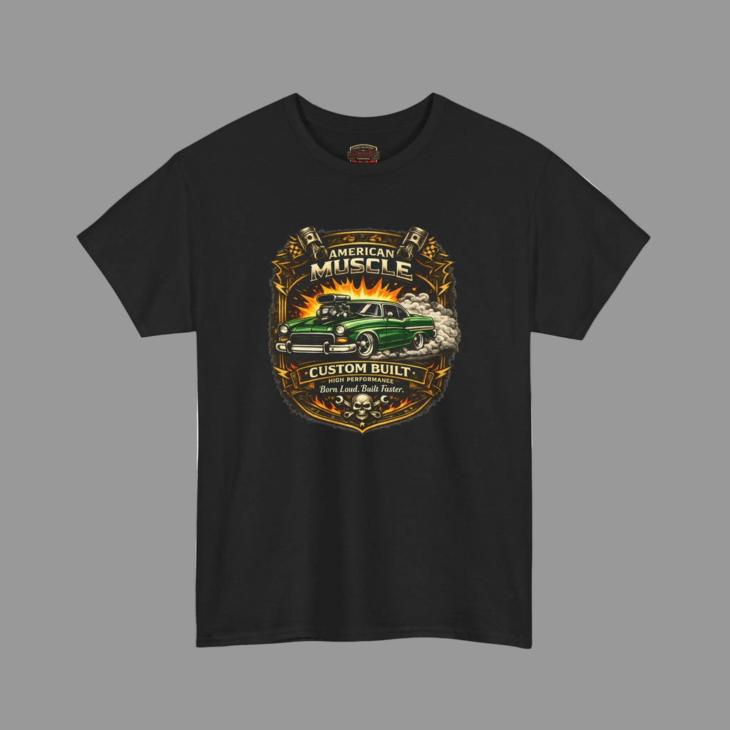 Black t-shirt with a graphic design of a green car and 'American Muscle' text on a gray background