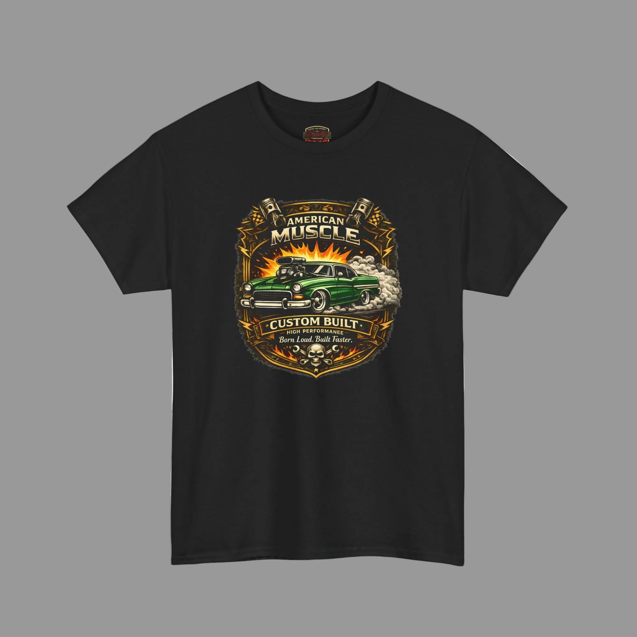 Black t-shirt with a graphic design of a green car and 'American Muscle' text on a gray background