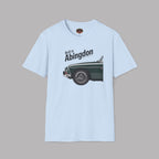 Light blue t-shirt with a graphic of a classic car and text 'Built in Abingdon' on a gray background
