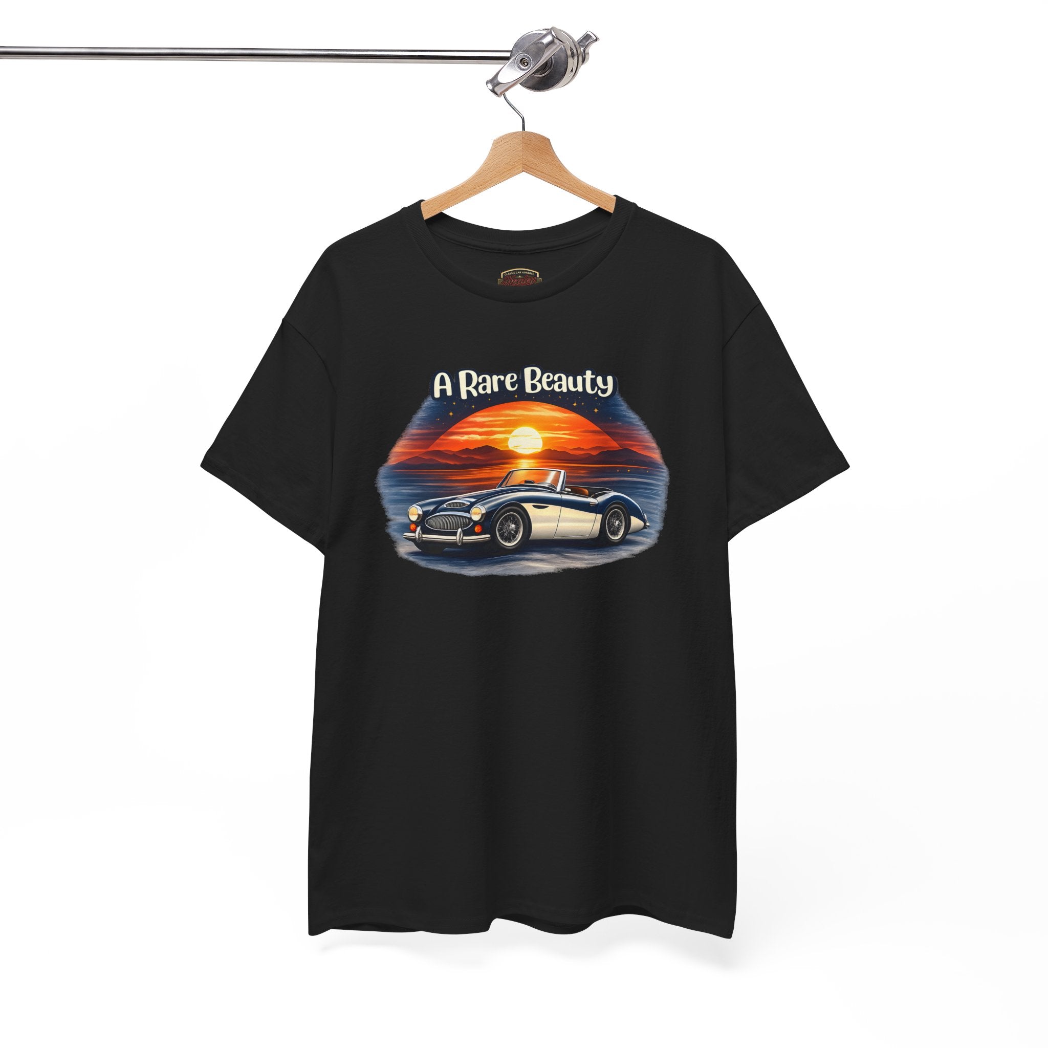 Black t-shirt with a graphic of a sunset and car, labeled 'A Rare Beauty', on a hanger against a white background.