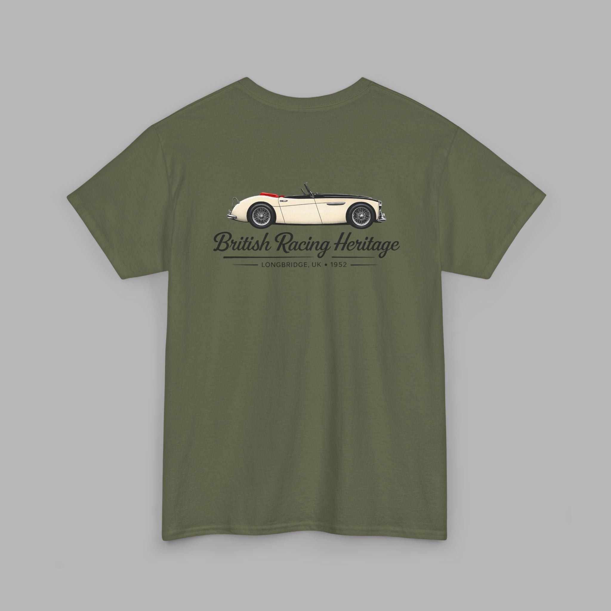 Back view of a military green t-shirt with a vintage Healey car graphic and 'British Racing Heritage' text on a gray background