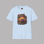 Light blue t-shirt with 'American Muscle' graphic design featuring a muscle car and sunset.