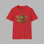 Red t-shirt with a gold custom Healey emblem on a gray background