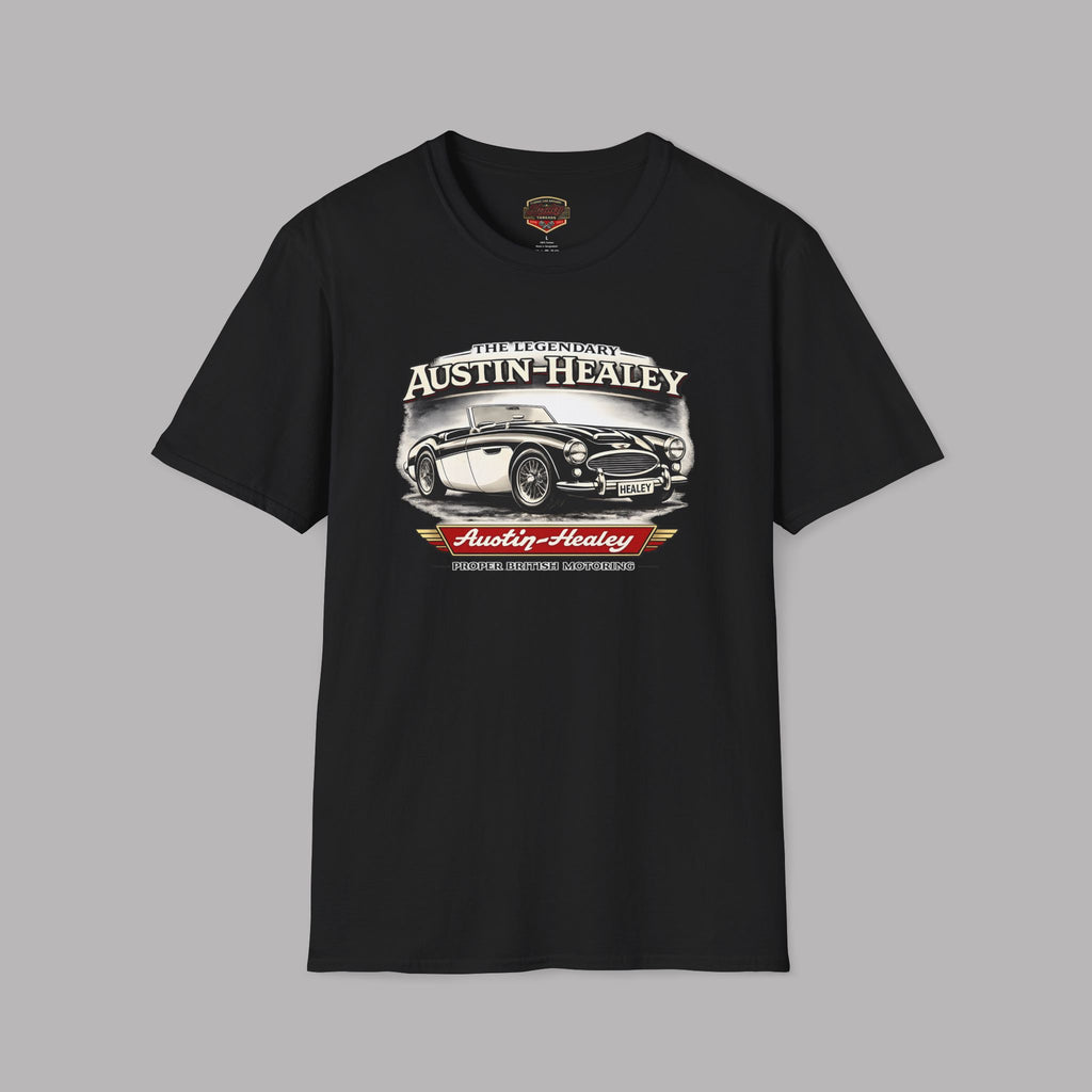Black t-shirt with Austin-Healey graphic on a gray background