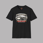 Black t-shirt with Austin-Healey graphic on a gray background