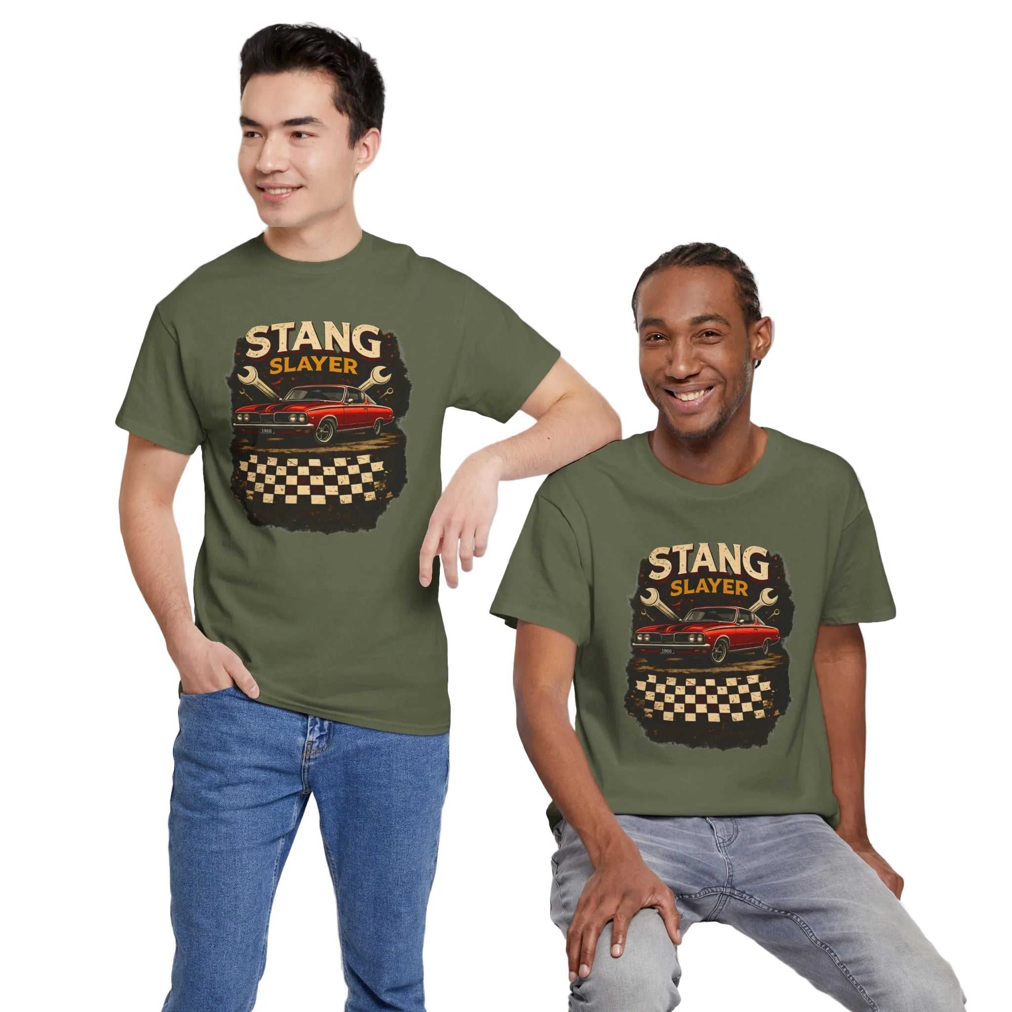 Two guys wearing military green 'STANG SLAYER' t-shirts with a car graphic on a white background