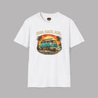 White t-shirt with a graphic design of a classic van and palm trees on a gray background