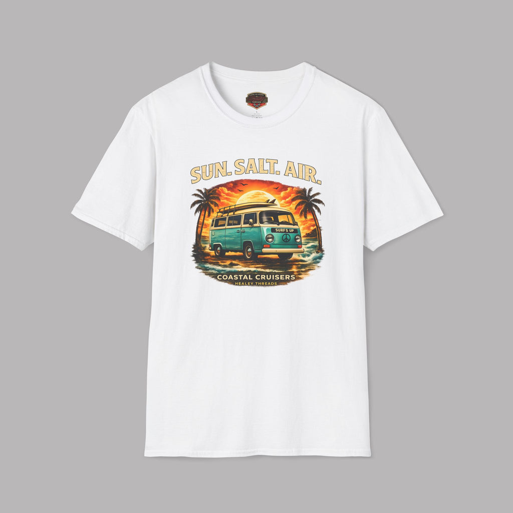 White t-shirt flat lay featuring a retro surf van beach graphic with palm trees and a sunset, reading "Sun. Salt. Air., Coastal Cruisers, Healey Threads."