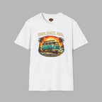 White t-shirt flat lay featuring a retro surf van beach graphic with palm trees and a sunset, reading "Sun. Salt. Air., Coastal Cruisers, Healey Threads."