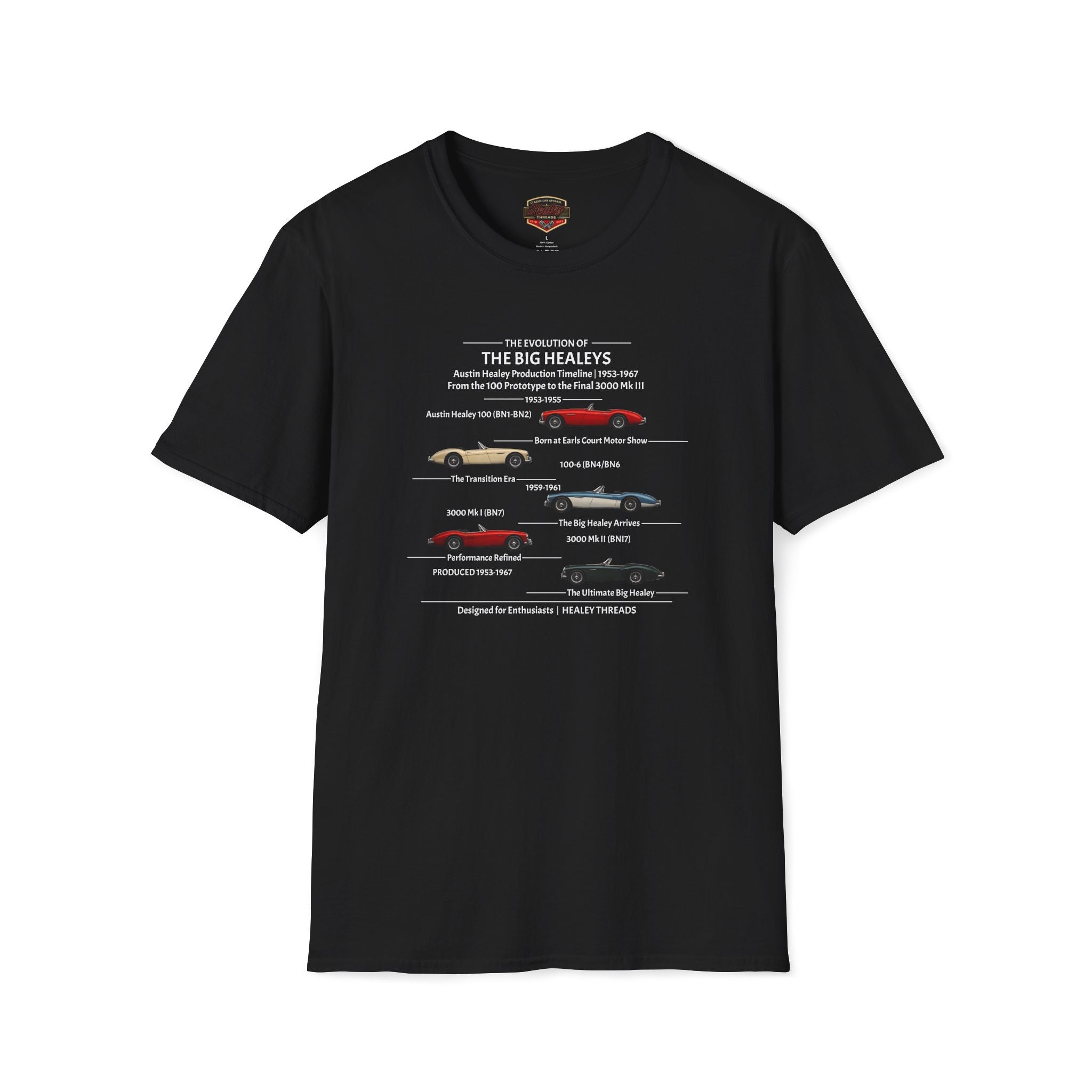 Black t-shirt with a Austin-Healey timeline of (1953–1967 models) on white background
