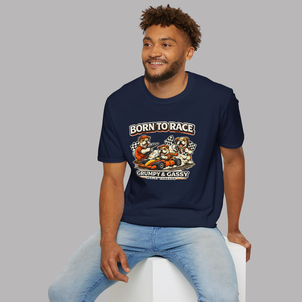 Man wearing a navy blue t-shirt with a graphic ' Born To Race' design of two racers and text on a gray background 
