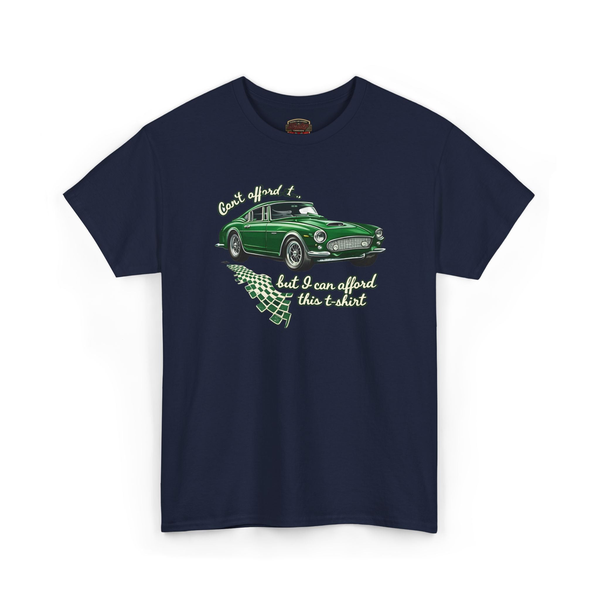 Navy blue t-shirt with a green classic car graphic and text on a white background