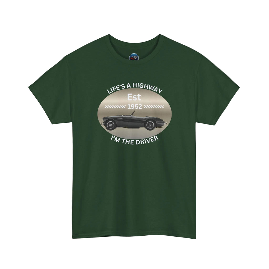 Forest green t-shirt with a graphic design and text on a white background