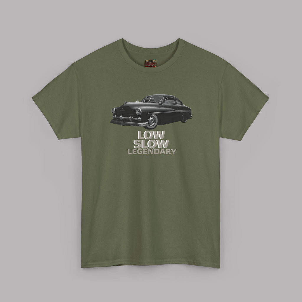 Military green t-shirt with a graphic of a classic car and text on a gray background