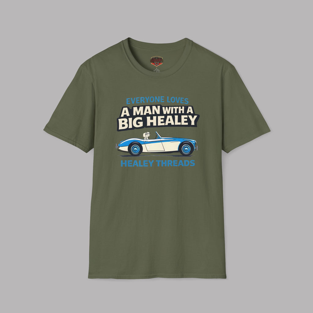 Military green Healey car graphic and text on a gray background