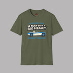 Military green Healey car graphic and text on a gray background