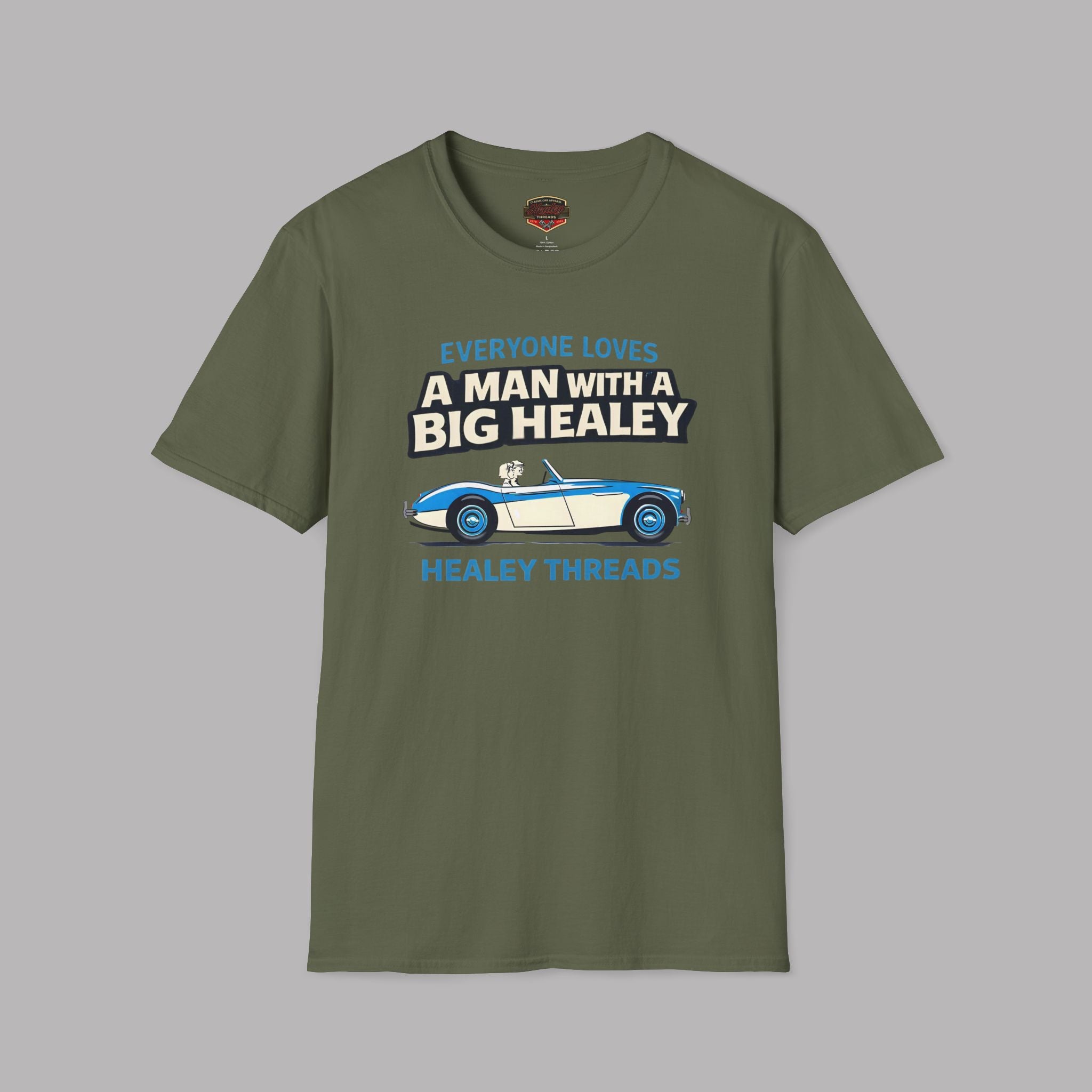 Military green Healey car graphic and text on a gray background