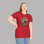 Girl wearing a red t-shirt with a British logo on a gray background