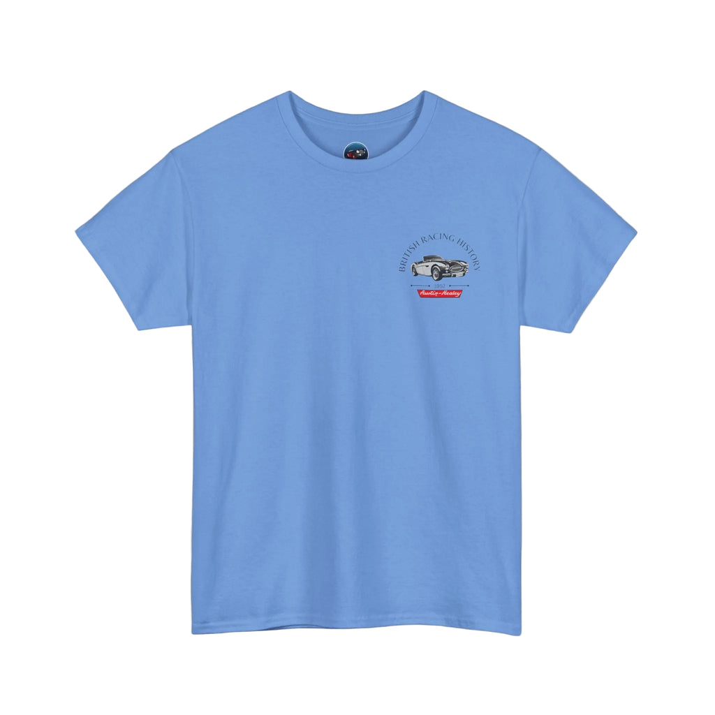 Blue t-shirt with a small Healey graphic on a white background