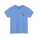 Blue t-shirt with a small Healey graphic on a white background