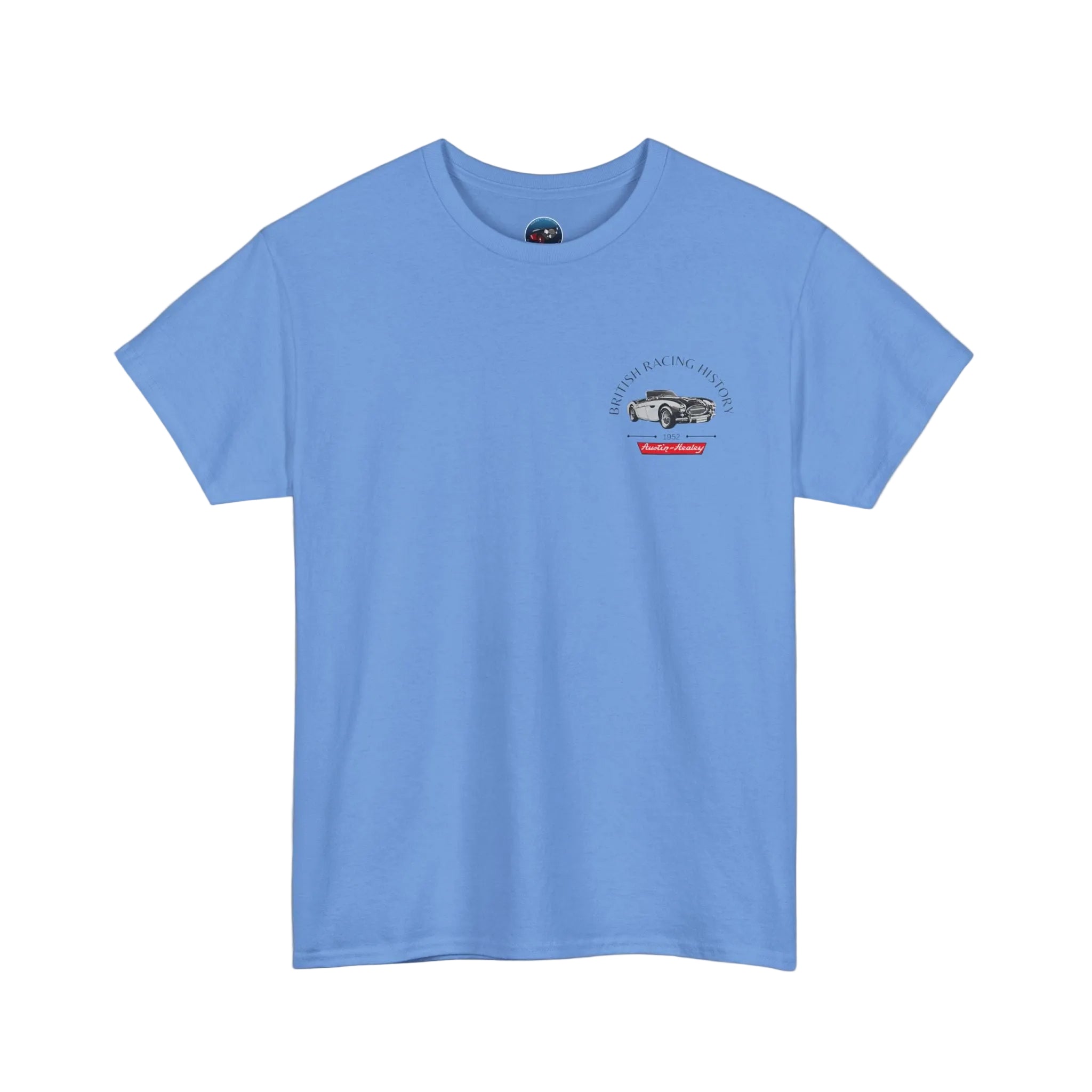 Blue t-shirt with a small Healey graphic on a white background
