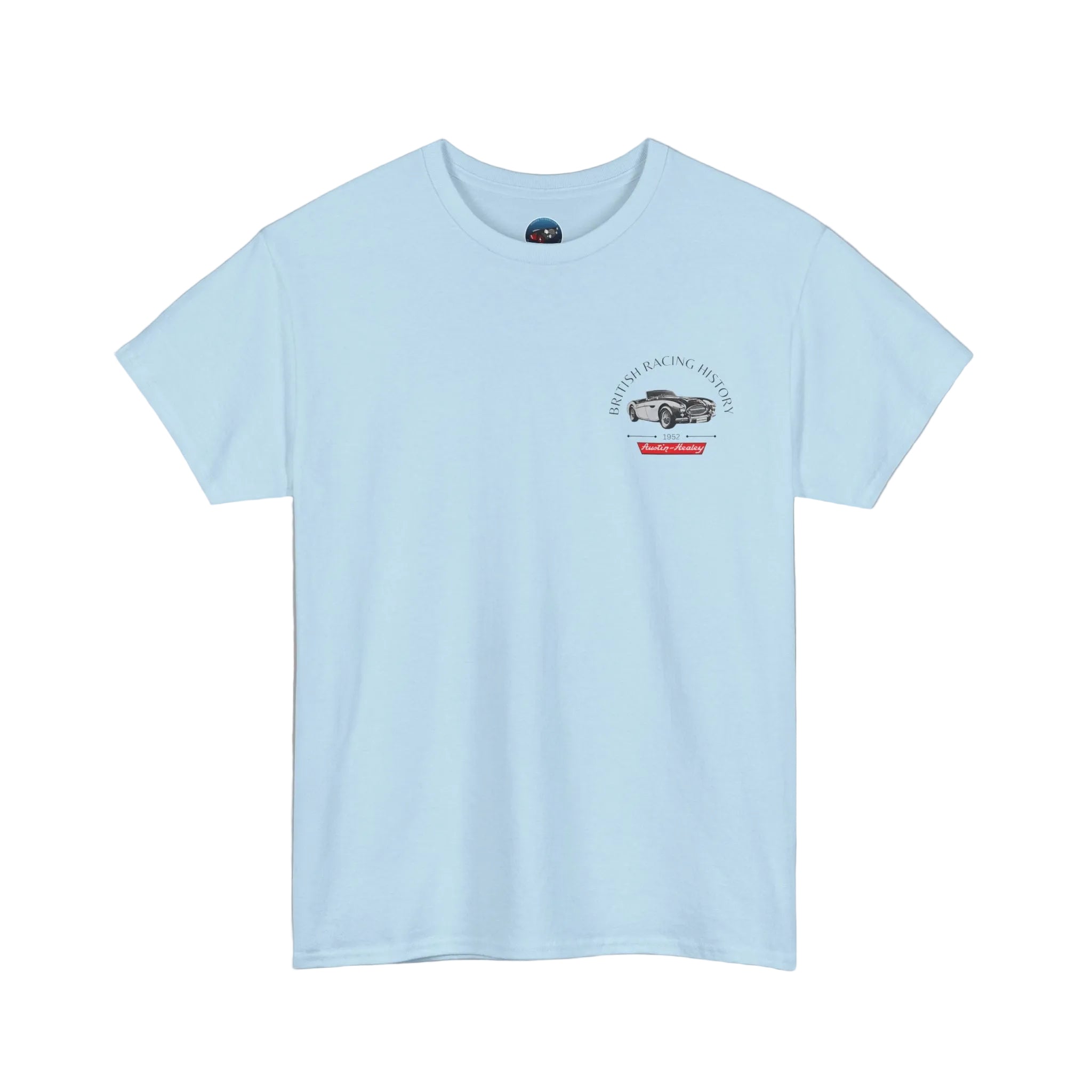 Light blue t-shirt with a Healey graphic design on a white background