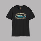 Black t-shirt with a graphic of a blue car and text on a gray background