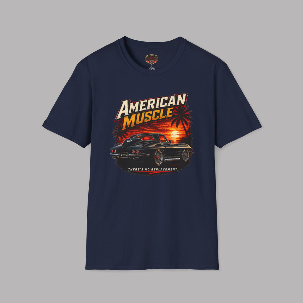 Navy blue t-shirt with 'American Muscle' car graphic design on a gray background