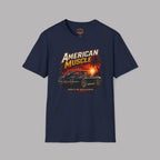 Navy blue t-shirt with 'American Muscle' car graphic design on a gray background