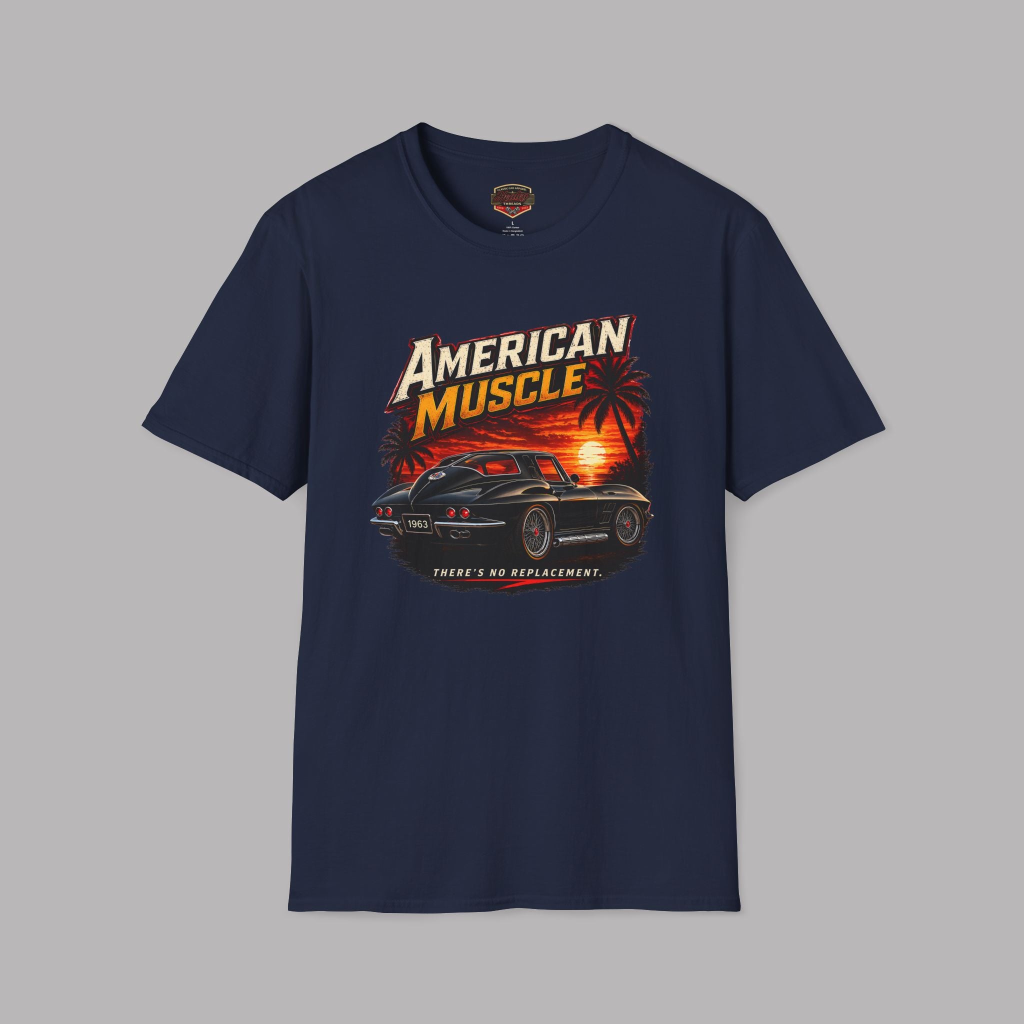 Navy blue t-shirt with 'American Muscle' car graphic design on a gray background