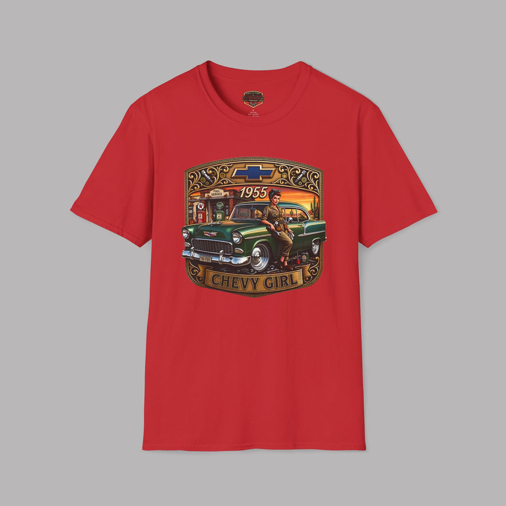A red short-sleeve crewneck t-shirt featuring a vintage-style graphic print of a green classic car with the text '1955' and 'CHEVY GIRL' and a Chevrolet bowtie logo.