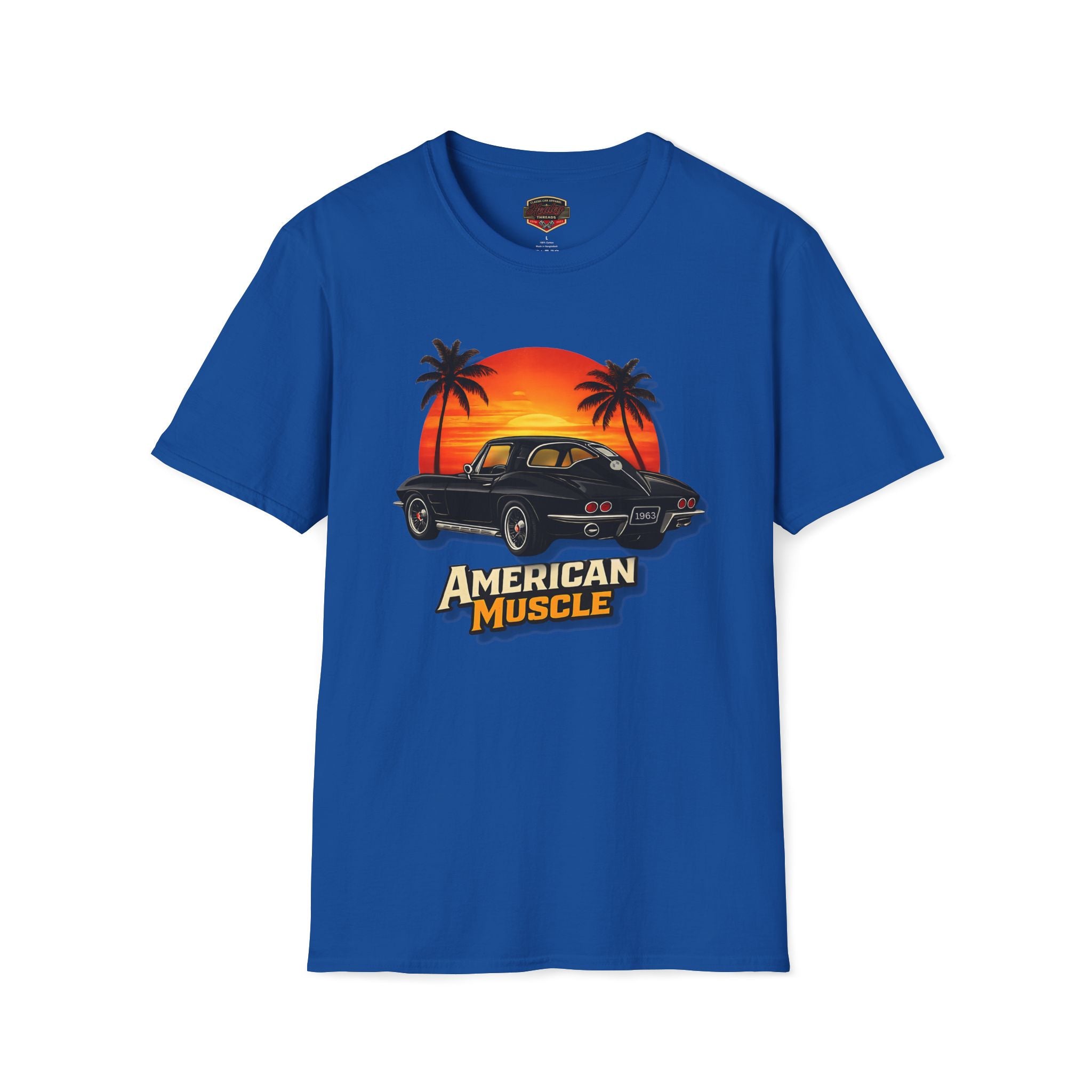 Royal blue t-shirt with 'American Muscle' graphic design featuring a sunset and palm trees on a white background.