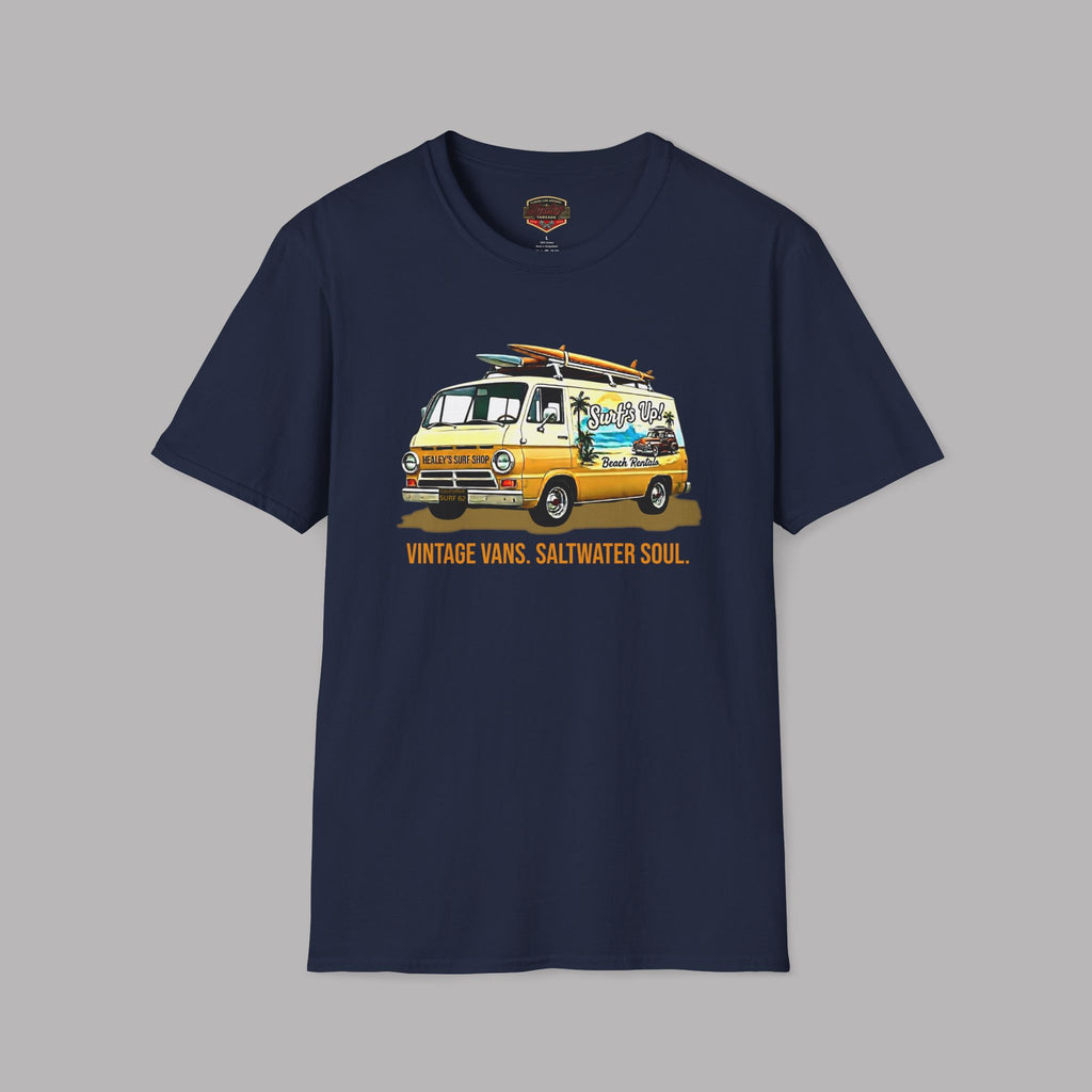Navy blue t-shirt with a yellow classic van graphic on a gray background