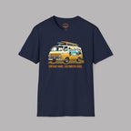 Navy blue t-shirt with a yellow classic van graphic on a gray background