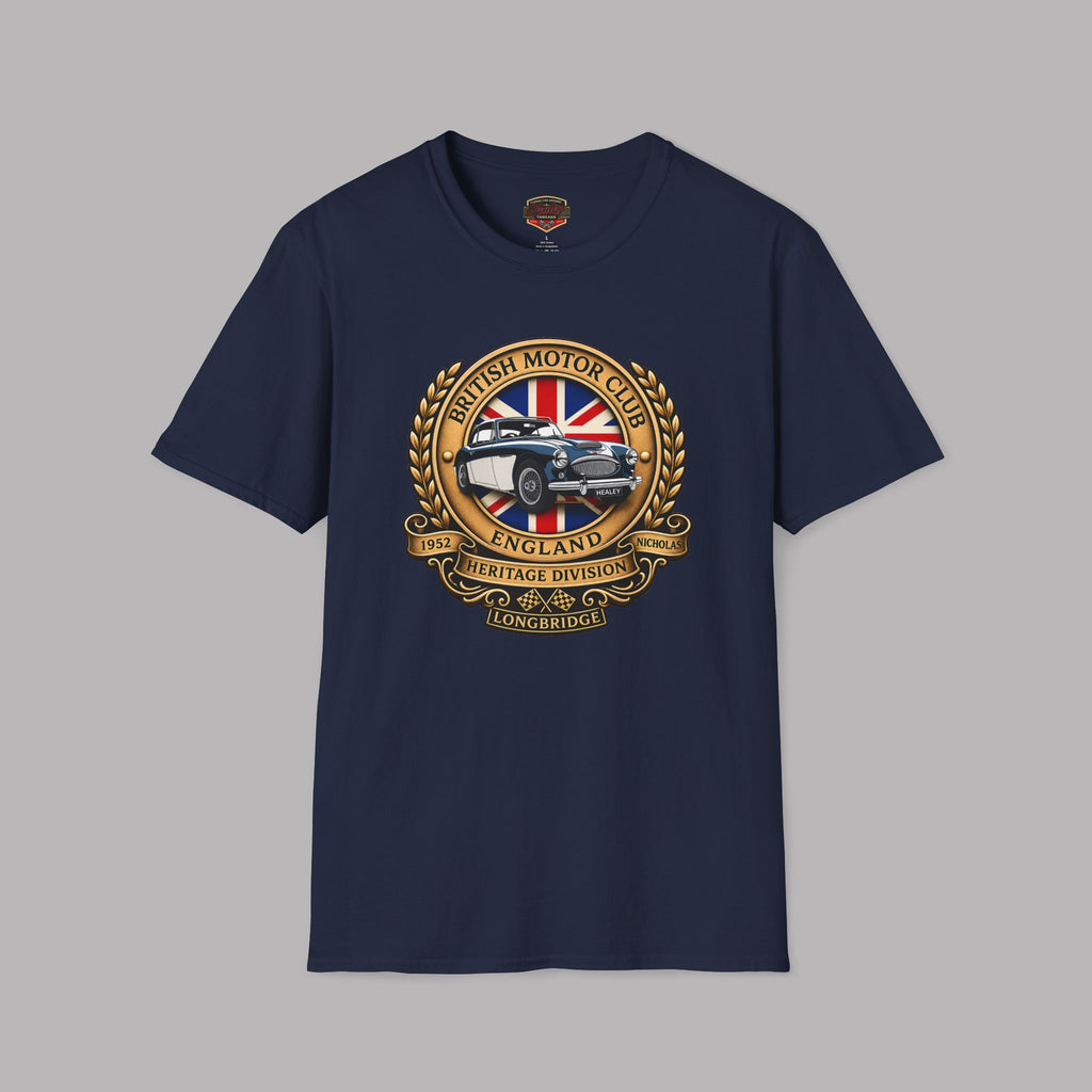 Navy blue t-shirt with a British Motor Club logo on a gray background