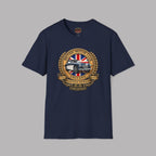 Navy blue t-shirt with a British Motor Club logo on a gray background