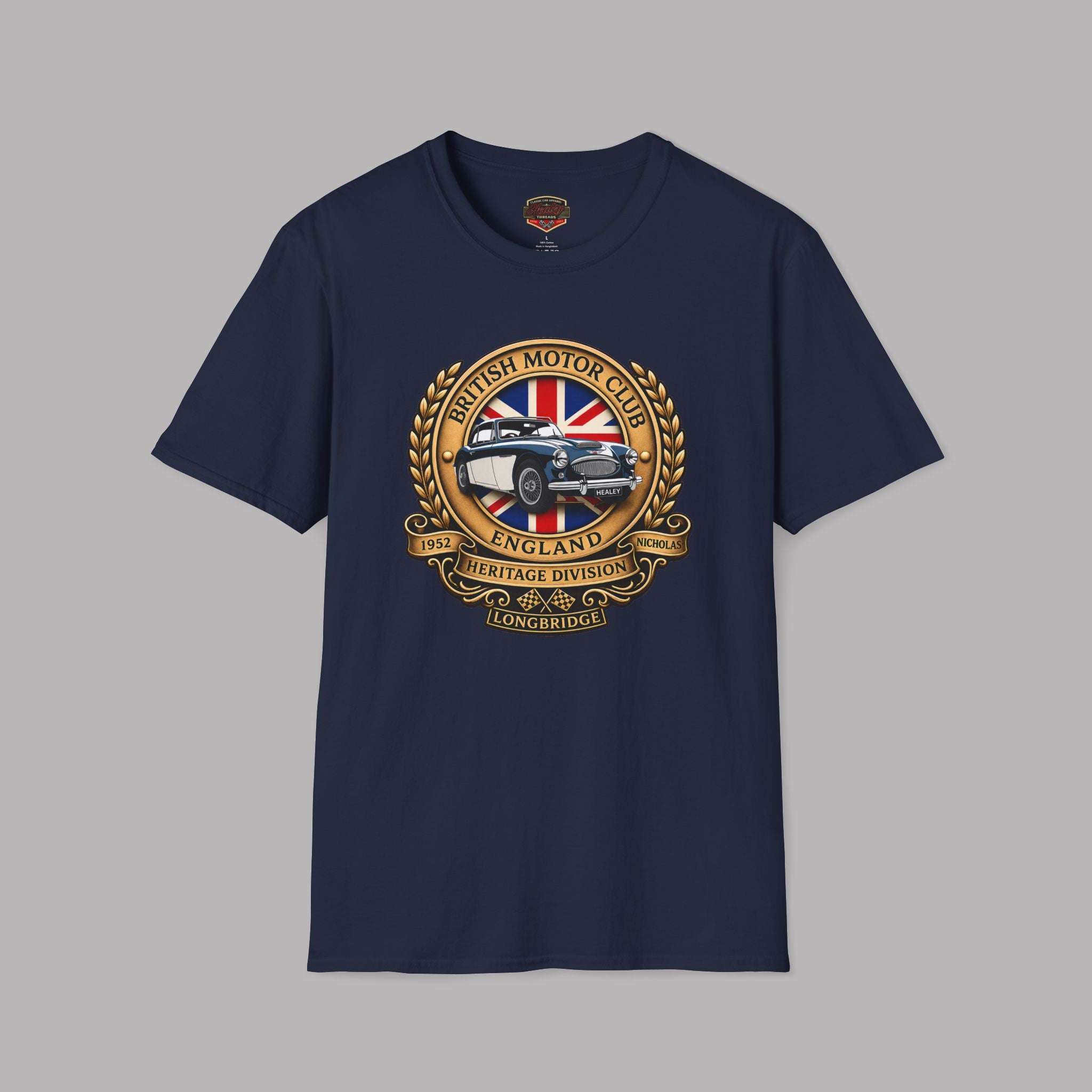 Navy blue t-shirt with a British Motor Club logo on a gray background