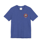Heather blue t-shirt with a logo on the chest against a white background