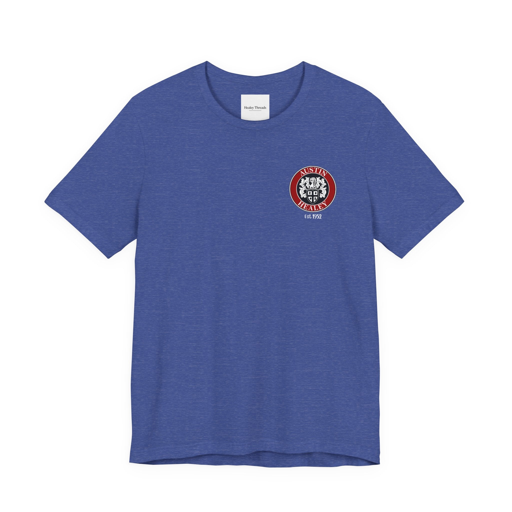 Heather blue t-shirt with a logo on the chest against a white background