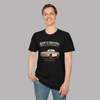 Man wearing a black t-shirt with a graphic MGB car and text on a gray background