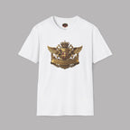 White t-shirt with a gold and brown custom Healey emblem on a gray background