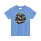 Carolina blue t-shirt with classic car graphic and text on a white background