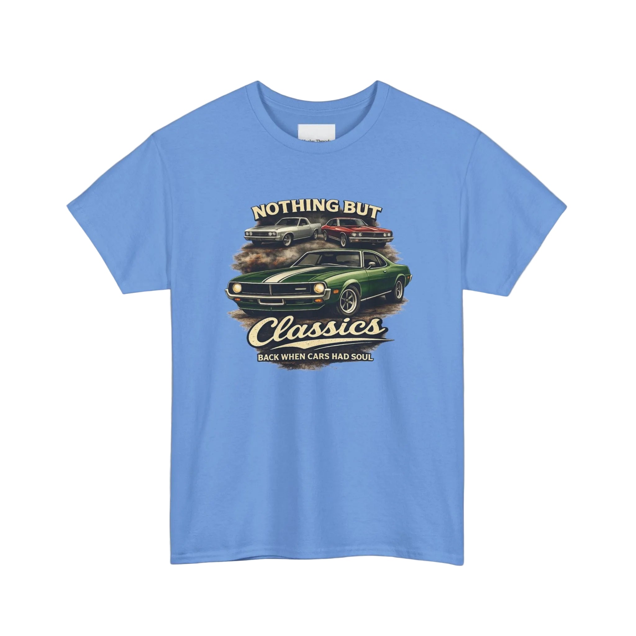 Carolina blue t-shirt with classic car graphic and text on a white background