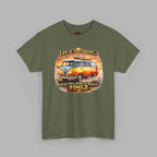 Military green t-shirt with a graphic of a 1962 vintage van and text on a gray background