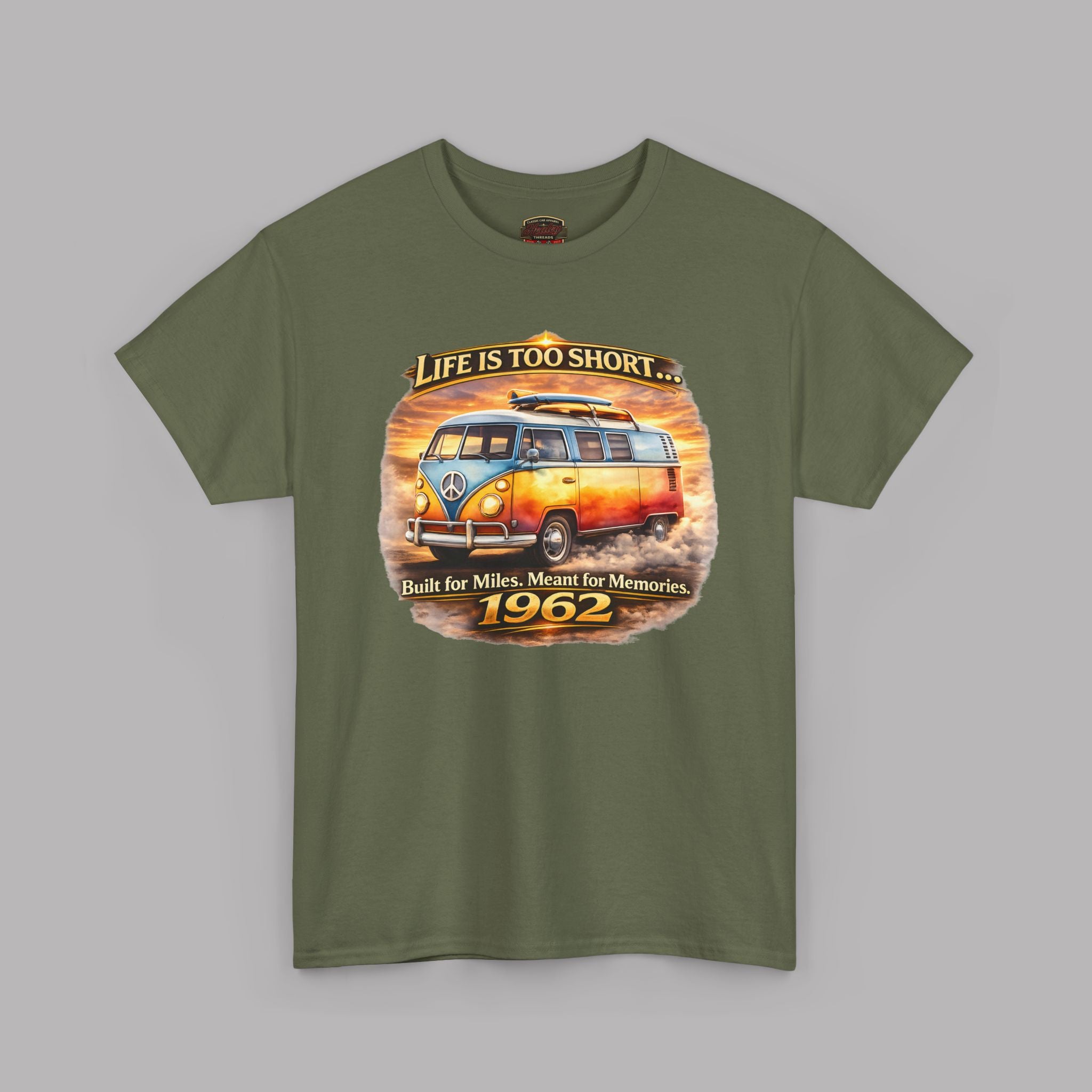 Military green t-shirt with a graphic of a 1962 vintage van and text on a gray background