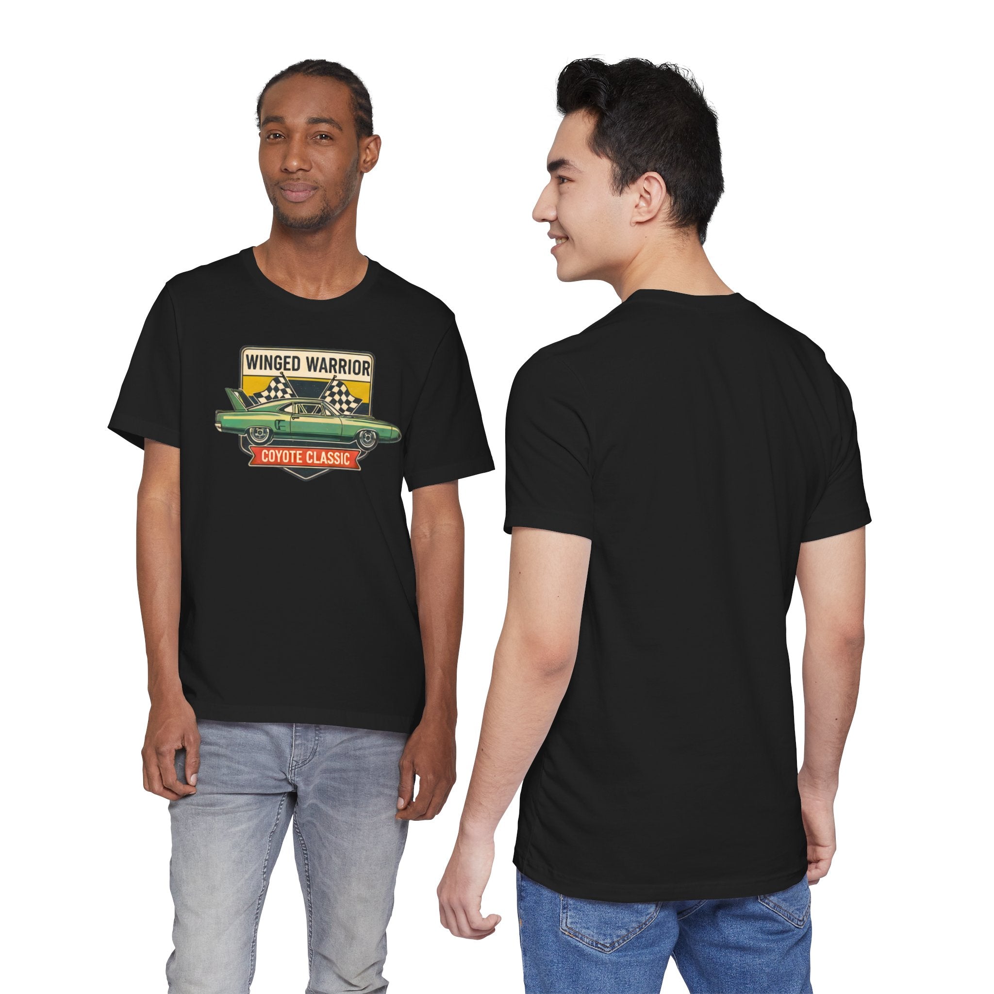 Black t-shirt with graphic design on front and back worn by two guys.