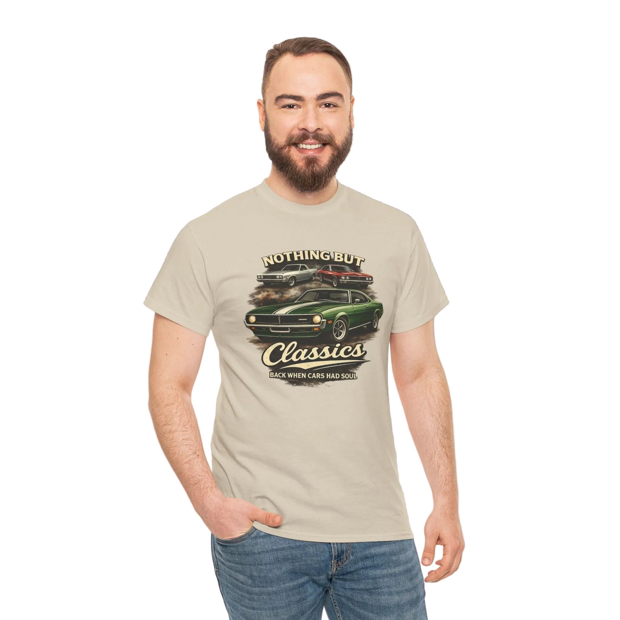 Man wearing a beige t-shirt with a graphic design of a green classic car and text on a white background